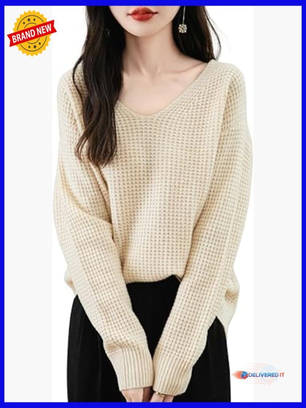 100% Merino Wool V-Neck Waffle Knit Pullover Sweater Long Sleeve Casual Fall